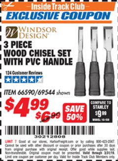 Harbor Freight ITC Coupon 3 PIECE WOOD CHISEL SET Lot No. 69544 Expired: 3/31/19 - $4.99