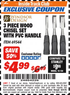 Harbor Freight ITC Coupon 3 PIECE WOOD CHISEL SET Lot No. 69544 Expired: 8/31/18 - $4.99