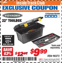 Harbor Freight ITC Coupon 22" TOOLBOX Lot No. 98273 Expired: 4/30/20 - $9.99
