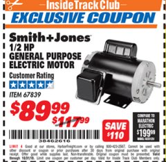 Harbor Freight ITC Coupon 1/2 HP GENERAL PURPOSE ELECTRIC MOTOR Lot No. 67839 Expired: 10/31/18 - $89.99