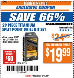 Harbor Freight ITC Coupon 29 PIECE SPLIT POINT TITANIUM NITRIDE COATED DRILL BIT SET Lot No. 32926/61715 Expired: 5/15/18 - $19.99