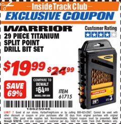 Harbor Freight ITC Coupon 29 PIECE SPLIT POINT TITANIUM NITRIDE COATED DRILL BIT SET Lot No. 32926/61715 Expired: 9/30/18 - $19.99