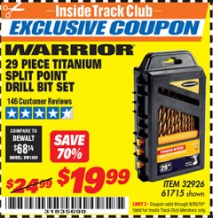 Harbor Freight ITC Coupon 29 PIECE SPLIT POINT TITANIUM NITRIDE COATED DRILL BIT SET Lot No. 32926/61715 Expired: 9/30/19 - $19.99