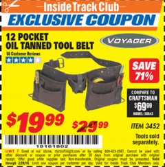 Harbor Freight ITC Coupon VOYAGER 12-POCKET OIL-TANNED TOOL BELT Lot No. 3452 Expired: 2/28/19 - $19.99