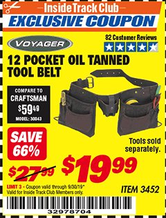 Harbor Freight ITC Coupon VOYAGER 12-POCKET OIL-TANNED TOOL BELT Lot No. 3452 Expired: 8/30/19 - $19.99