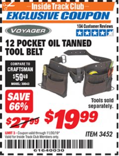 Harbor Freight ITC Coupon VOYAGER 12-POCKET OIL-TANNED TOOL BELT Lot No. 3452 Expired: 11/30/19 - $19.99