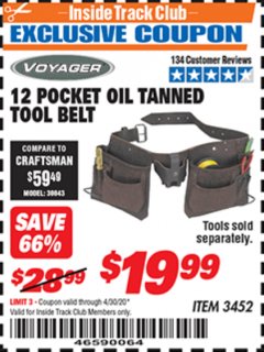 Harbor Freight ITC Coupon VOYAGER 12-POCKET OIL-TANNED TOOL BELT Lot No. 3452 Expired: 4/30/20 - $19.99