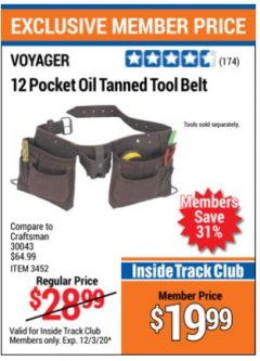 Harbor Freight ITC Coupon VOYAGER 12-POCKET OIL-TANNED TOOL BELT Lot No. 3452 Expired: 12/3/20 - $19.99