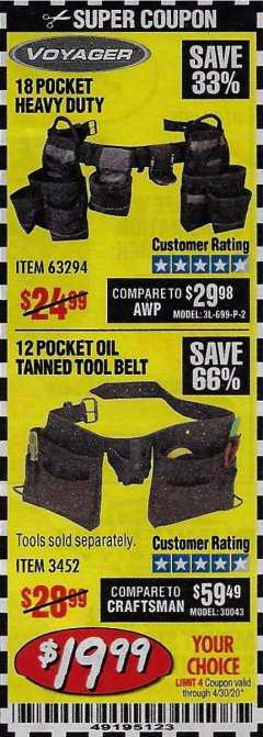 Harbor Freight Coupon VOYAGER 12-POCKET OIL-TANNED TOOL BELT Lot No. 3452 Expired: 6/30/20 - $19.99