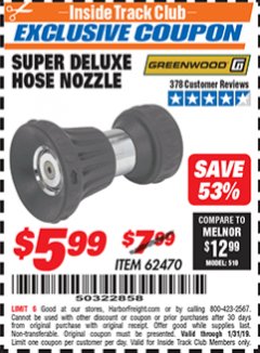 Harbor Freight ITC Coupon SUPER DELUXE HOSE NOZZLE Lot No. 4118/62470 Expired: 1/31/19 - $5.99