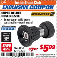 Harbor Freight ITC Coupon SUPER DELUXE HOSE NOZZLE Lot No. 4118/62470 Expired: 9/30/19 - $5.99