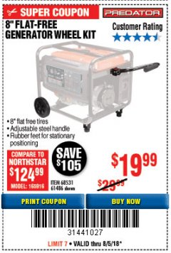 Harbor Freight Coupon PREDATOR 8 IN. FLAT-FREE GENERATOR WHEEL KIT Lot No. 68531 Expired: 8/5/18 - $19.99
