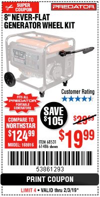 Harbor Freight Coupon PREDATOR 8 IN. FLAT-FREE GENERATOR WHEEL KIT Lot No. 68531 Expired: 2/3/19 - $19.99
