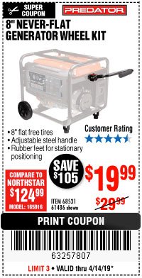 Harbor Freight Coupon PREDATOR 8 IN. FLAT-FREE GENERATOR WHEEL KIT Lot No. 68531 Expired: 4/14/19 - $19.99