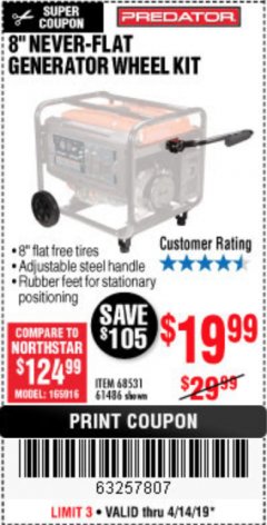 Harbor Freight Coupon PREDATOR 8 IN. FLAT-FREE GENERATOR WHEEL KIT Lot No. 68531 Expired: 4/14/19 - $19.99
