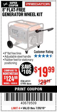 Harbor Freight Coupon PREDATOR 8 IN. FLAT-FREE GENERATOR WHEEL KIT Lot No. 68531 Expired: 7/28/19 - $19.99