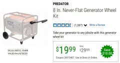 Harbor Freight Coupon PREDATOR 8 IN. FLAT-FREE GENERATOR WHEEL KIT Lot No. 68531 Expired: 6/30/20 - $19.99