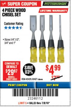 Harbor Freight Coupon PITTSBURGH WOOD CHISEL SET WITH CLEAR PVC HANDLE, 4 PIECE Lot No. 69471/42429 Expired: 7/8/18 - $4.99