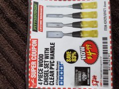 Harbor Freight Coupon PITTSBURGH WOOD CHISEL SET WITH CLEAR PVC HANDLE, 4 PIECE Lot No. 69471/42429 Expired: 8/31/19 - $4.99