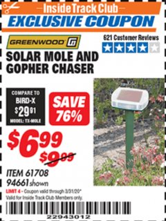 Harbor Freight ITC Coupon SOLAR MOLE CHASER Lot No. 61708/94661 Expired: 3/31/20 - $6.99