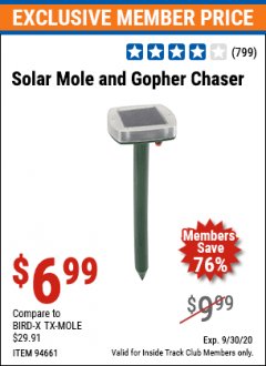 Harbor Freight ITC Coupon SOLAR MOLE CHASER Lot No. 61708/94661 Expired: 9/30/20 - $6.99