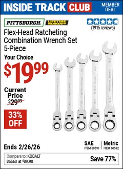 Harbor Freight Coupon PITTSBURGH FLEX-HEAD SAE RATCHETING COMBINATION WRENCH SET, 5-PIECE Lot No. 60591 Valid: 12/31/69 - 2/26/26 - $19.99