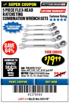 Harbor Freight Coupon 5 PIECE FLEX-HEAD COMBO WRENCH SETS Lot No. 60591/61657/60592/61710 Expired: 8/31/18 - $19.99