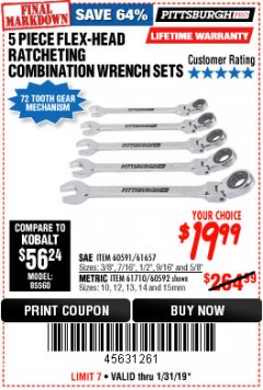 Harbor Freight Coupon 5 PIECE FLEX-HEAD COMBO WRENCH SETS Lot No. 60591/61657/60592/61710 Expired: 1/31/19 - $19.99