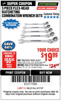 Harbor Freight Coupon 5 PIECE FLEX-HEAD COMBO WRENCH SETS Lot No. 60591/61657/60592/61710 Expired: 3/17/19 - $19.99