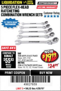 Harbor Freight Coupon 5 PIECE FLEX-HEAD COMBO WRENCH SETS Lot No. 60591/61657/60592/61710 Expired: 4/30/19 - $19.99