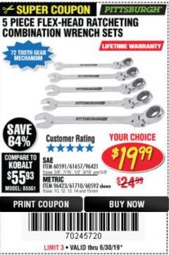 Harbor Freight Coupon 5 PIECE FLEX-HEAD COMBO WRENCH SETS Lot No. 60591/61657/60592/61710 Expired: 6/30/19 - $19.99