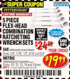 Harbor Freight Coupon 5 PIECE FLEX-HEAD COMBO WRENCH SETS Lot No. 60591/61657/60592/61710 Expired: 7/31/19 - $19.99