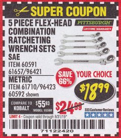 Harbor Freight Coupon 5 PIECE FLEX-HEAD COMBO WRENCH SETS Lot No. 60591/61657/60592/61710 Expired: 8/31/19 - $18.99