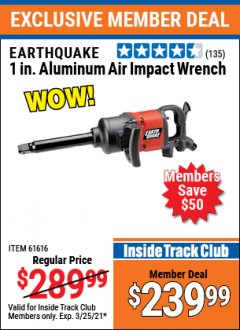 Harbor Freight ITC Coupon 1" PROFESSIONAL AIR IMPACT WRENCH Lot No. 61616/61901/68429 Expired: 3/25/21 - $239.99