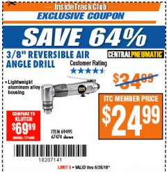 Harbor Freight ITC Coupon 3/8" REVERSIBLE AIR ANGLE DRILL Lot No. 67474/69495 Expired: 6/26/18 - $24.99