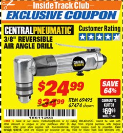 Harbor Freight ITC Coupon 3/8" REVERSIBLE AIR ANGLE DRILL Lot No. 67474/69495 Expired: 9/30/18 - $24.99