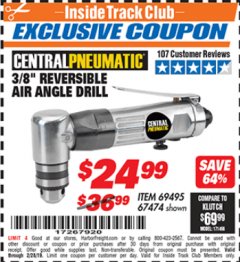 Harbor Freight ITC Coupon 3/8" REVERSIBLE AIR ANGLE DRILL Lot No. 67474/69495 Expired: 2/28/19 - $24.99