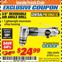 Harbor Freight ITC Coupon 3/8" REVERSIBLE AIR ANGLE DRILL Lot No. 67474/69495 Expired: 2/29/20 - $24.99