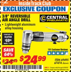 Harbor Freight ITC Coupon 3/8" REVERSIBLE AIR ANGLE DRILL Lot No. 67474/69495 Expired: 6/30/20 - $24.99