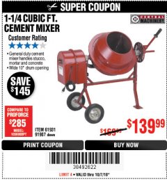 Harbor Freight Coupon 1-1/4 CUBIC FT. CEMENT MIXER Lot No. 61931/91907 Expired: 10/7/18 - $139.99