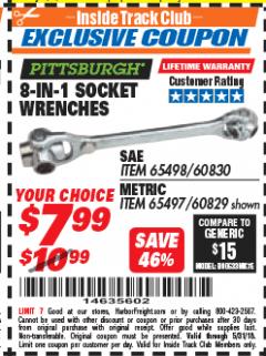 Harbor Freight ITC Coupon 8-IN-1 SOCKET WRENCHES Lot No. 60830/65498/60829/65497 Expired: 5/31/18 - $7.99