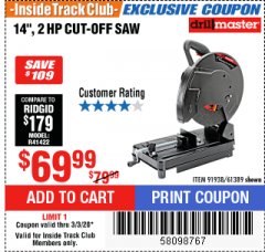 Harbor Freight ITC Coupon 2 HP, 14" INDUSTRIAL CUT-OFF SAW Lot No. 91938/61389 Expired: 3/3/20 - $69.99