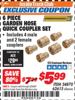 Harbor Freight ITC Coupon 6 PIECE GARDEN HOSE QUICK CUPLER SET Lot No. 34870/62615 Expired: 2/29/20 - $5.99