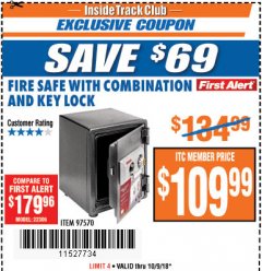 Harbor Freight ITC Coupon FIRESAFE WITH COMBINATION AND KEY LOCK Lot No. 97570 Expired: 10/9/18 - $109.99
