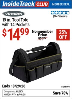 Harbor Freight ITC Coupon VOYAGER 19 IN. TOOL TOTE WITH 14 POCKETS Lot No. 61470 Valid Thru: 10/29/26 - $14.99