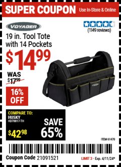 Harbor Freight Coupon 19" TOOL TOTE Lot No. 61470/62372 Expired: 4/11/24 - $14.99