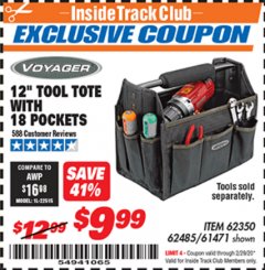 Harbor Freight ITC Coupon VOYAGER 12 IN. TOOL TOTE WITH 18 POCKETS Lot No. 61471 Expired: 2/29/20 - $9.99