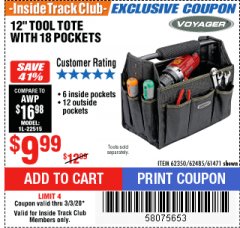 Harbor Freight ITC Coupon VOYAGER 12 IN. TOOL TOTE WITH 18 POCKETS Lot No. 61471 Expired: 3/3/20 - $9.99