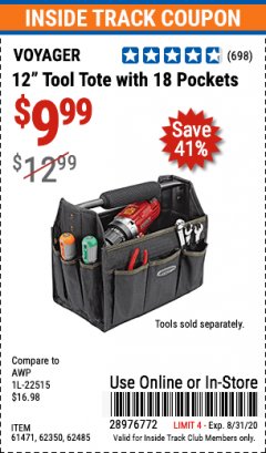 Harbor Freight ITC Coupon VOYAGER 12 IN. TOOL TOTE WITH 18 POCKETS Lot No. 61471 Expired: 8/31/20 - $9.99