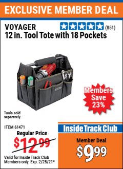 Harbor Freight ITC Coupon VOYAGER 12 IN. TOOL TOTE WITH 18 POCKETS Lot No. 61471 Expired: 2/25/21 - $9.99